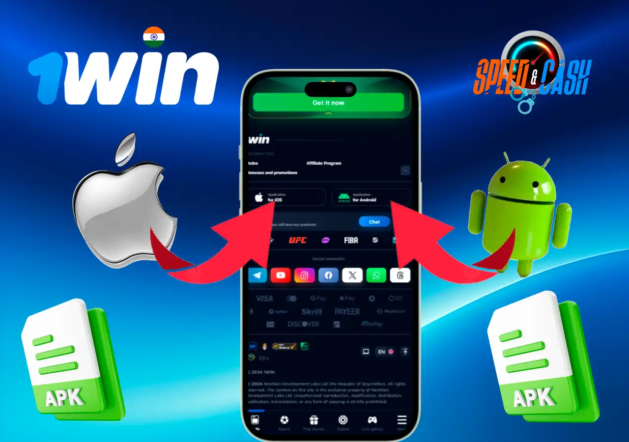 Playing Speed-n-Cash through the app on Android and iOS devices, featuring download instructions